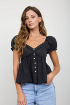 V NECK LACE PUFF SLEEVE TOP