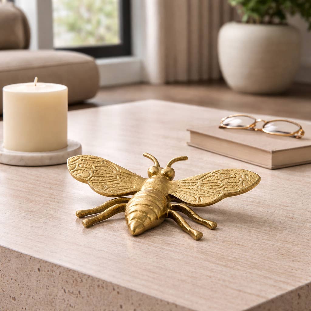 Figurine - Gold Metal Decorative Solid Busy Bee, 8 in.