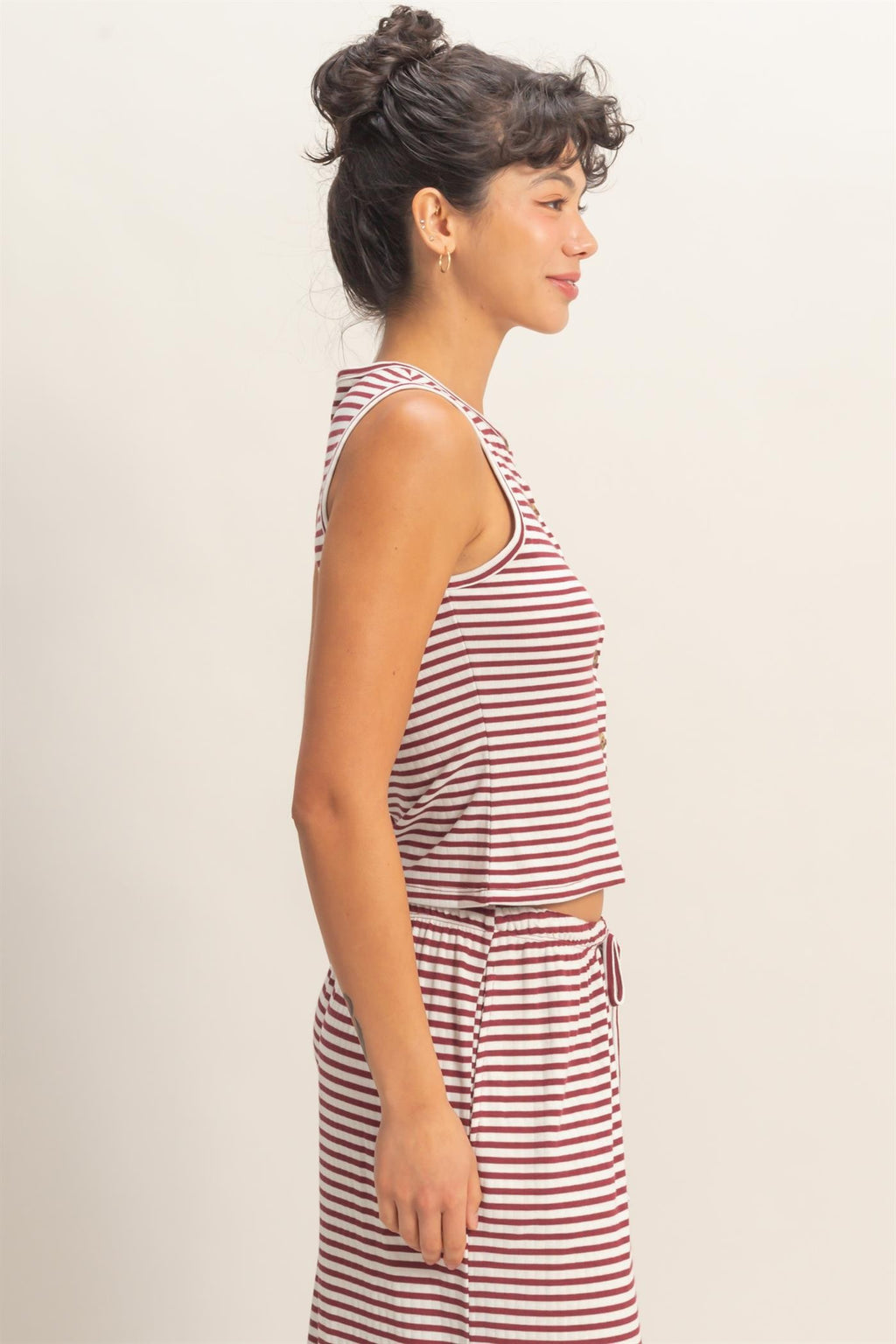Striped Button-front Crew Neck Sleeveless Top-Dark Red
