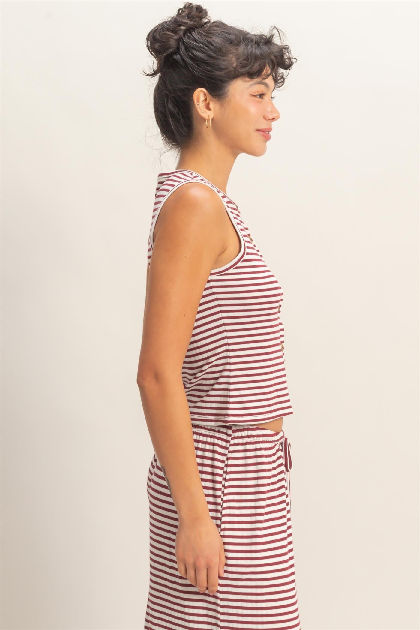 Striped Button-front Crew Neck Sleeveless Top-Dark Red