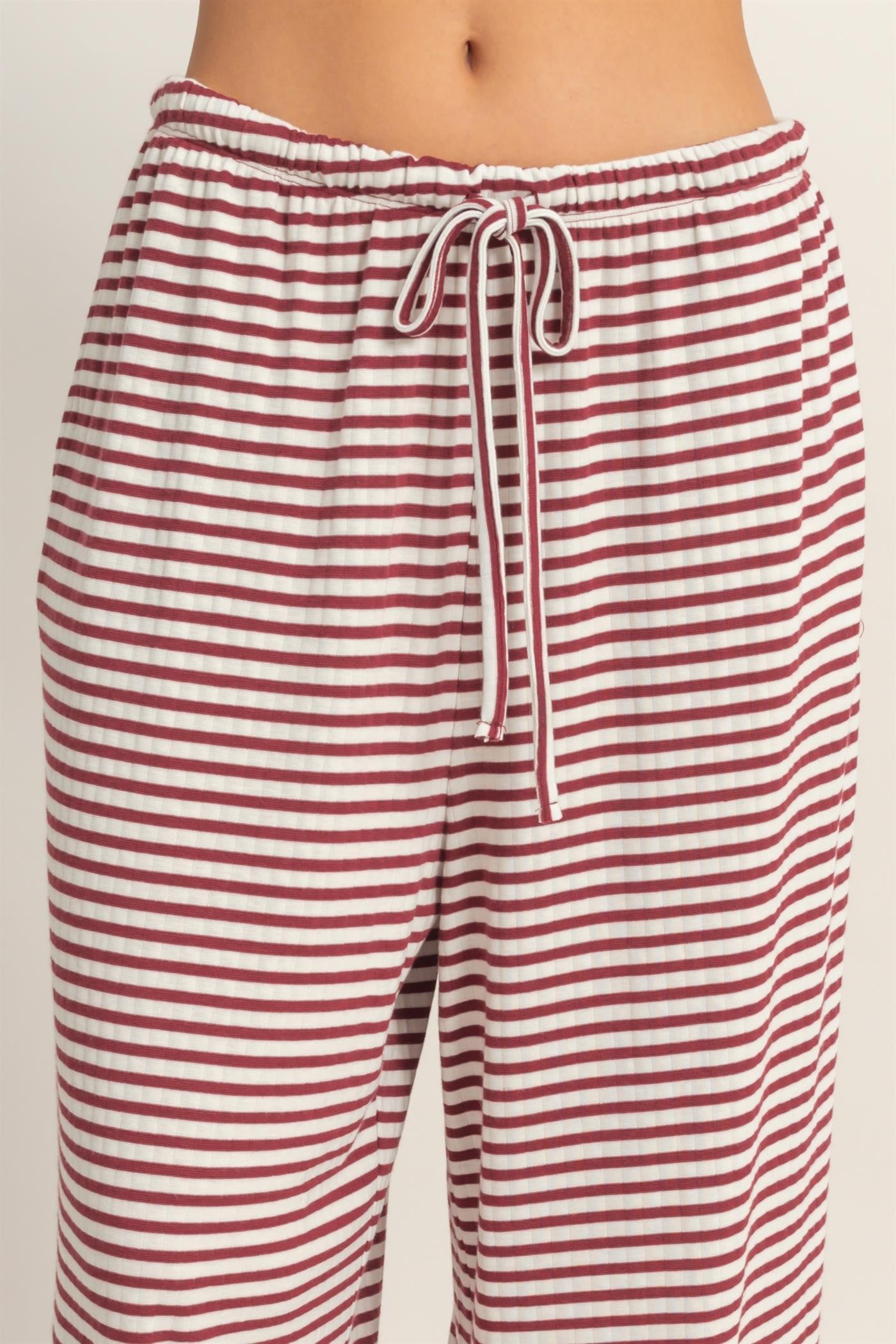 Striped Wide-leg Drawstring Pants Striped Wide-leg Drawstring Pants-Dark Red