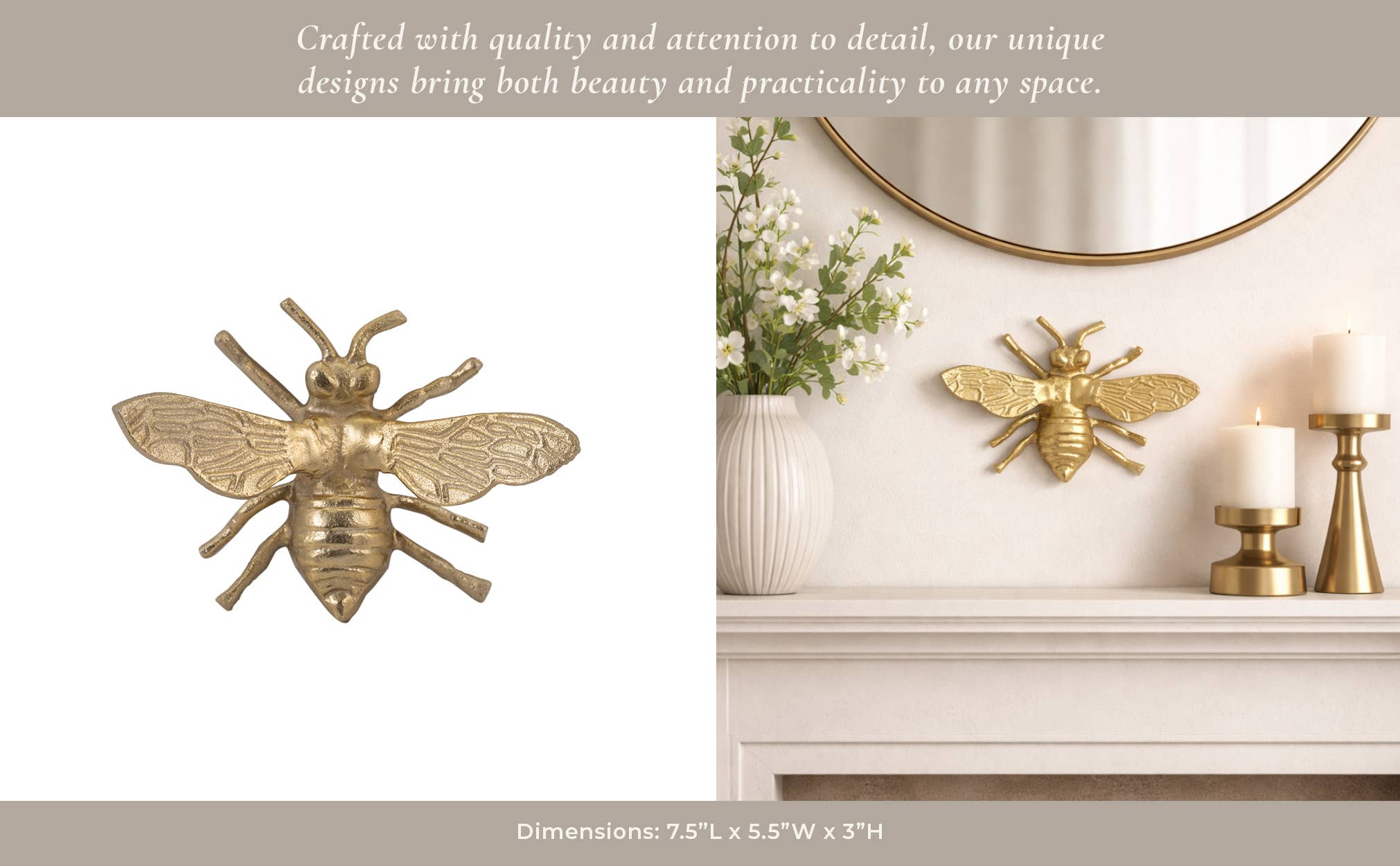 Figurine - Gold Metal Decorative Solid Busy Bee, 8 in.