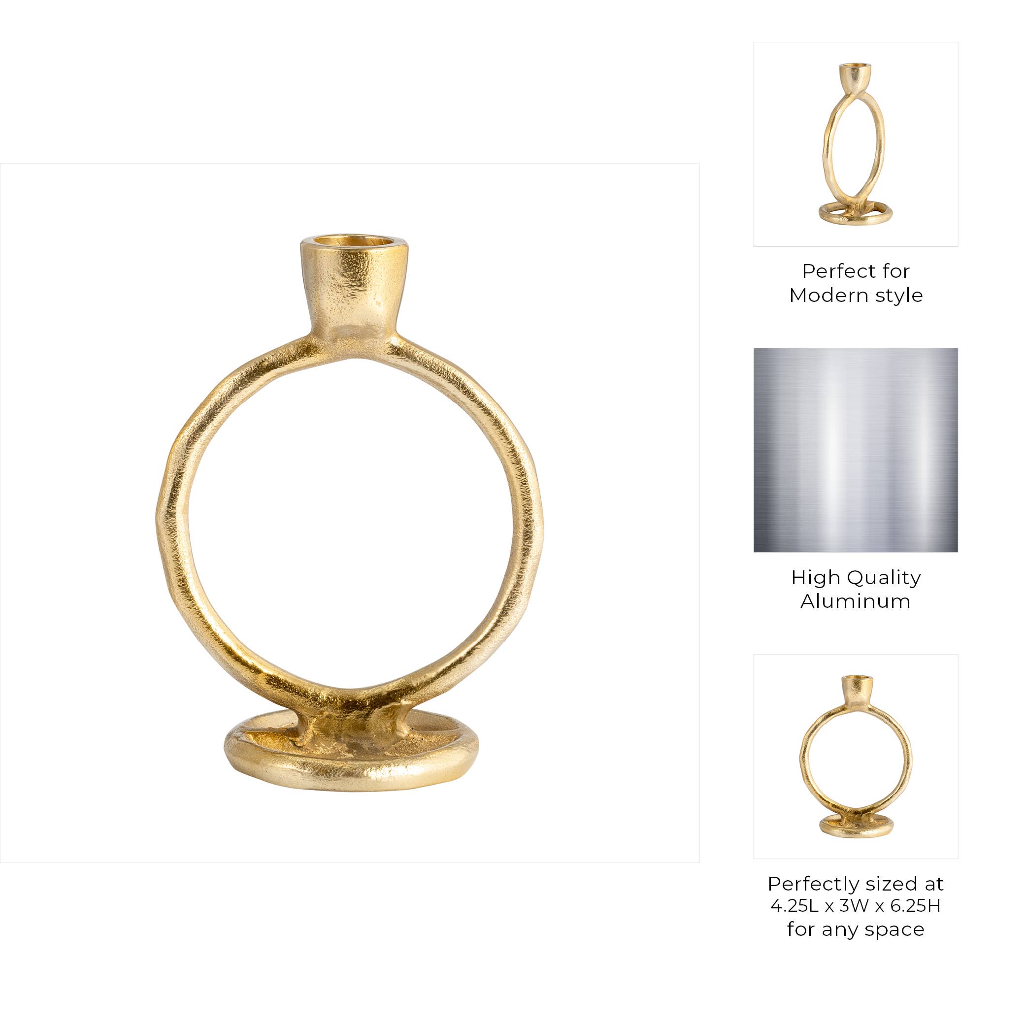 Metal Round Ring Taper Candle Holder - Gold, 6 in.