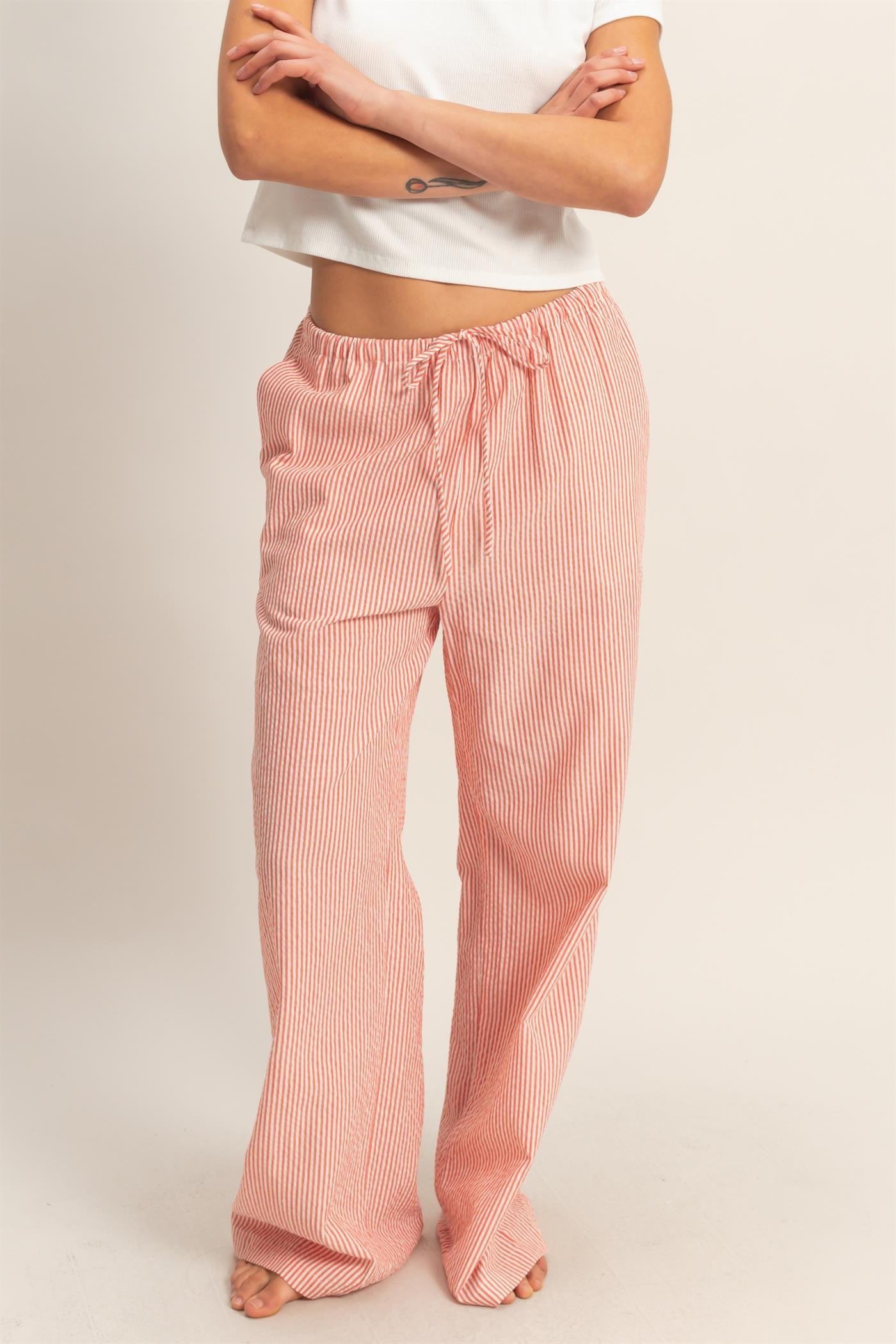 Striped Wide Leg Pants-Red