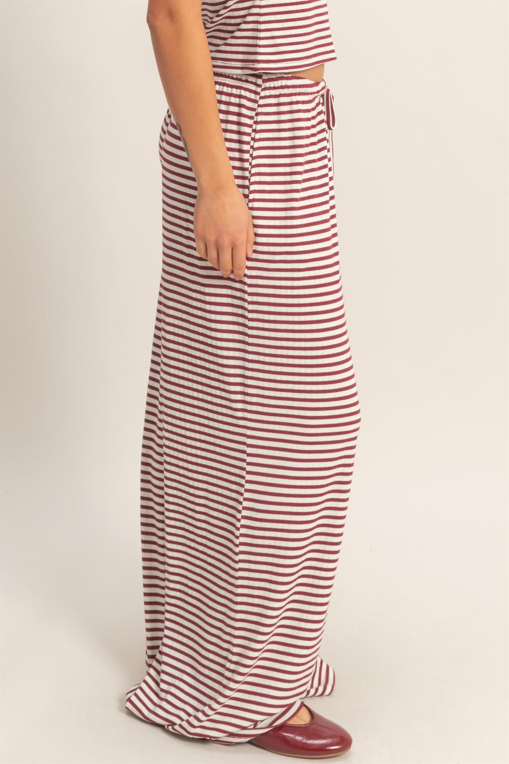 Striped Wide-leg Drawstring Pants Striped Wide-leg Drawstring Pants-Dark Red