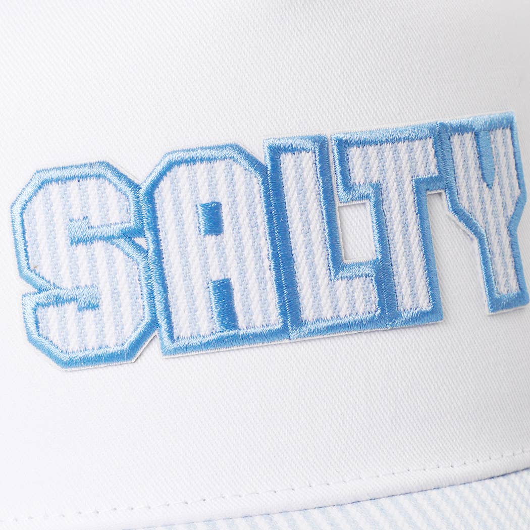 SALTY Embroidered Patch Seersucker Stripe Trucker Hat