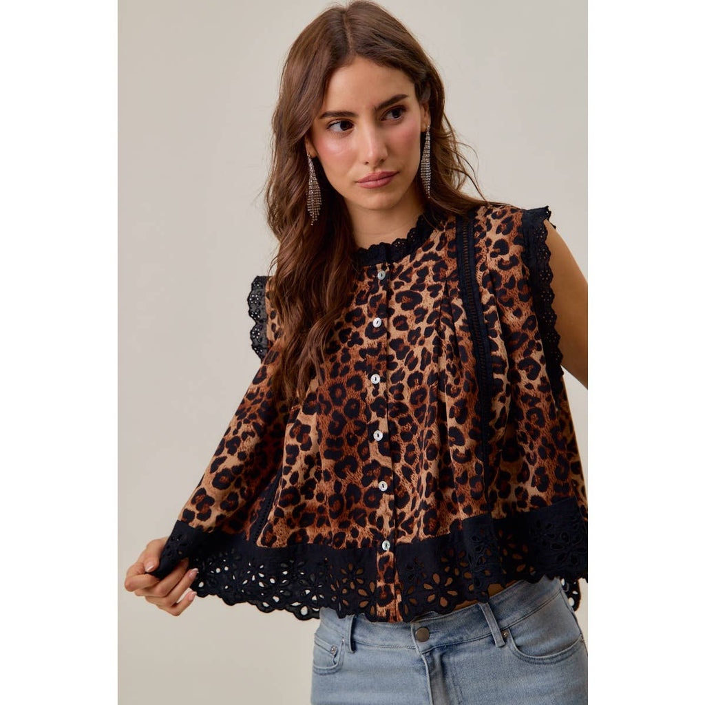 LEOPARD BTN UP PLEATED TOP