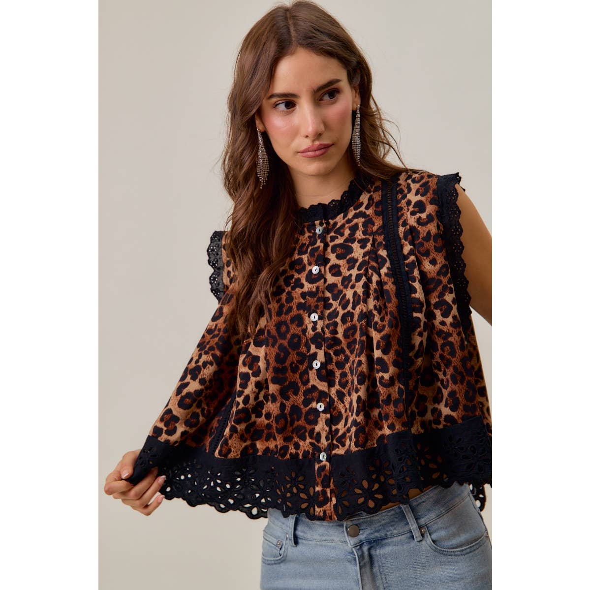 LEOPARD BTN UP PLEATED TOP