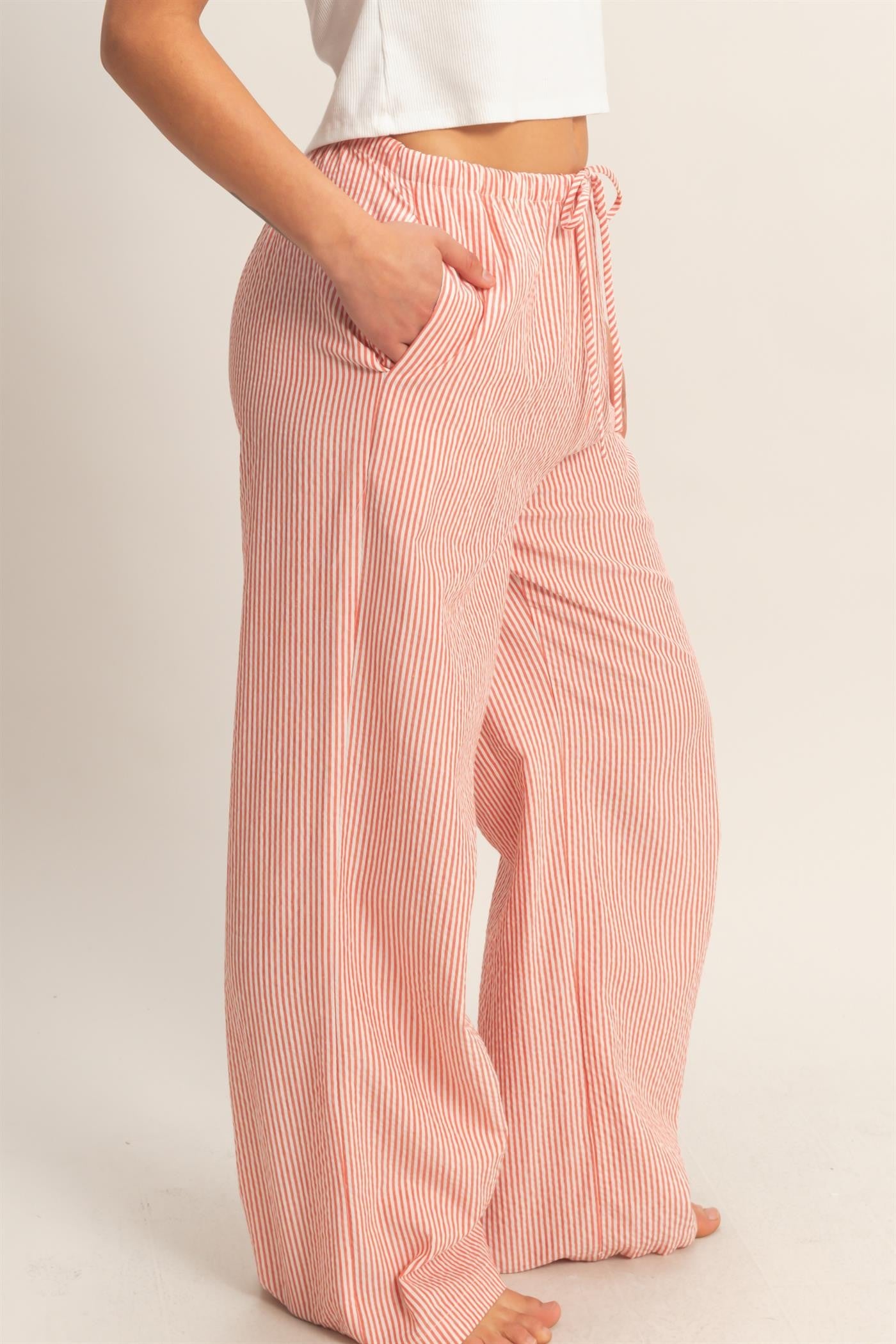 Striped Wide Leg Pants-Red