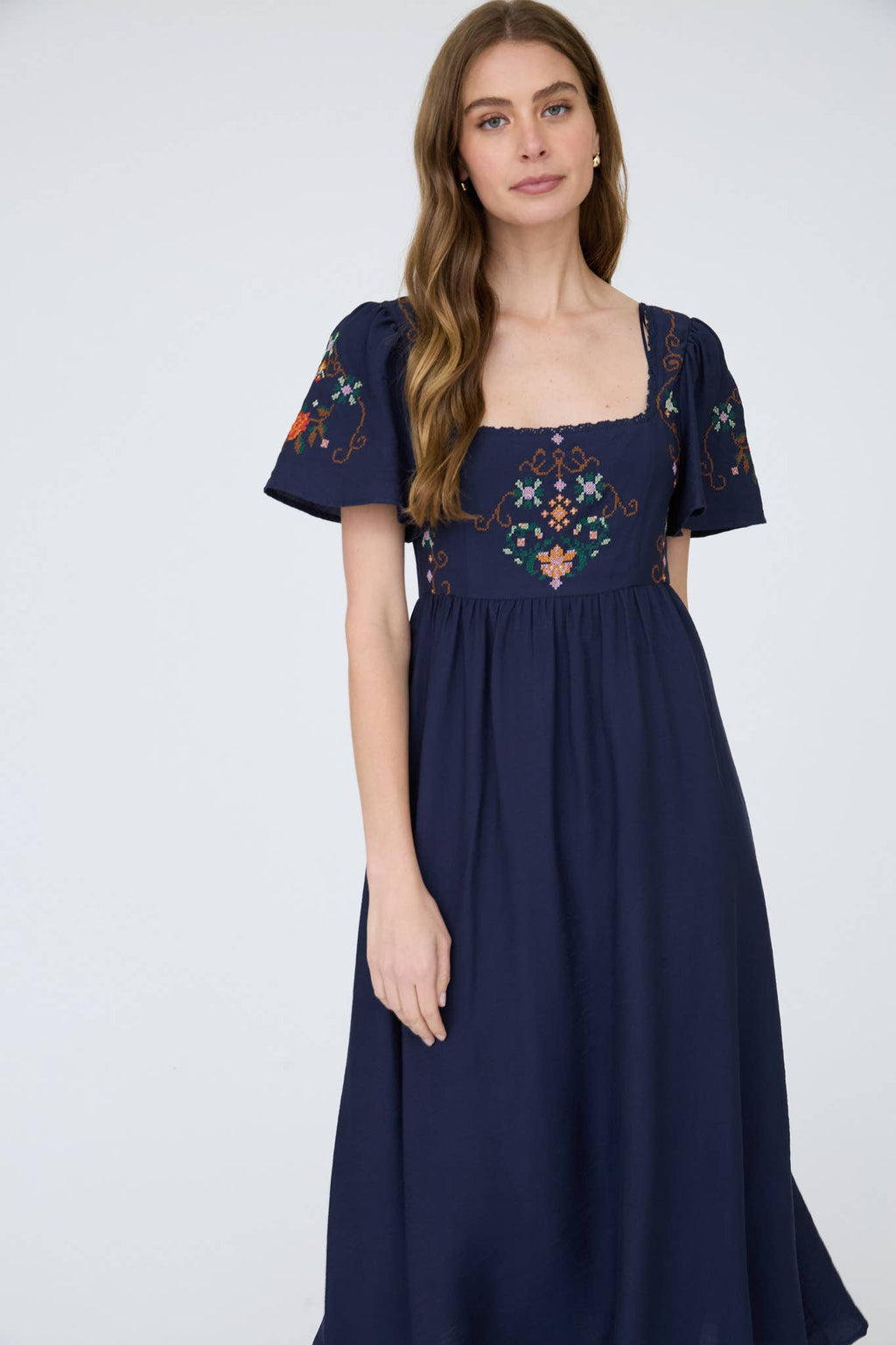 EMBROIDERY BELL SLV MIDI DRESS