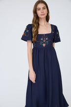 EMBROIDERY BELL SLV MIDI DRESS
