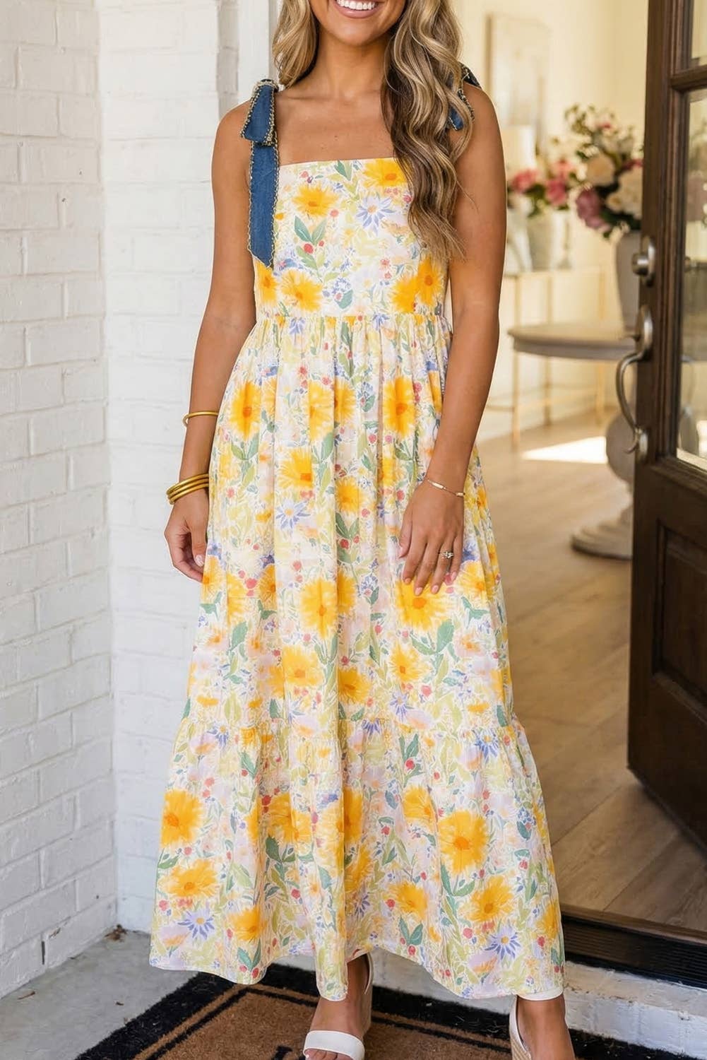 Floral Stitched Knot Denim Straps Maxi Dress