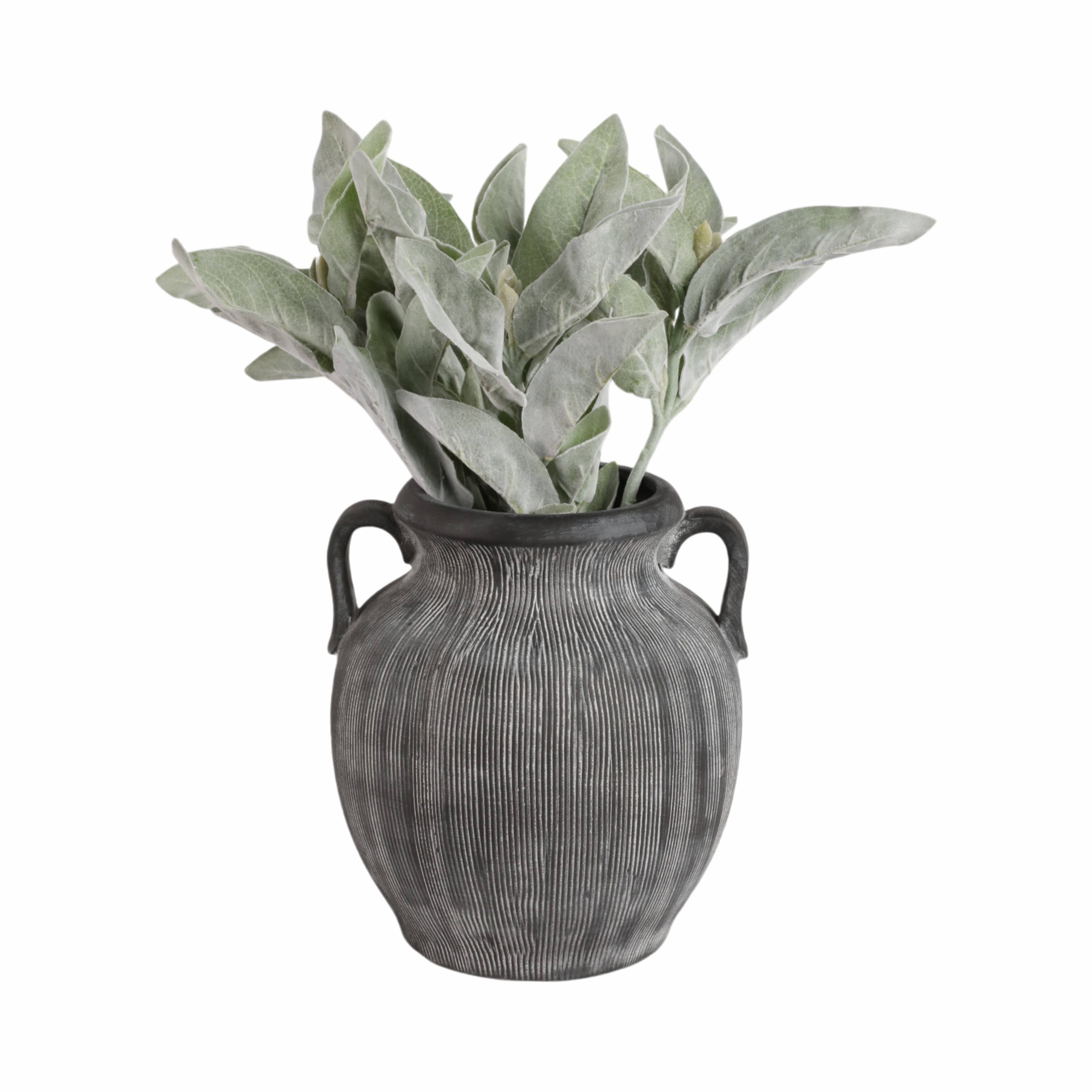 Ceramic Ribbed Texture Weathered Handle Vase - Black, 10 in.