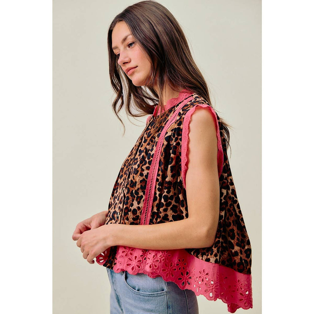 LEOPARD BTN UP PLEATED TOP