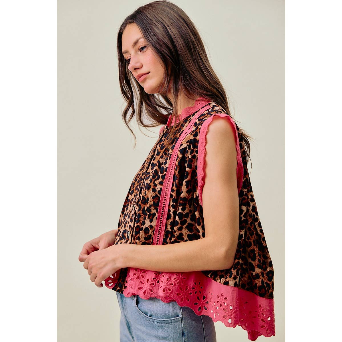 LEOPARD BTN UP PLEATED TOP