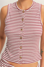 Striped Button-front Crew Neck Sleeveless Top-Dark Red