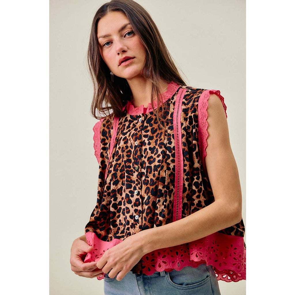 LEOPARD BTN UP PLEATED TOP