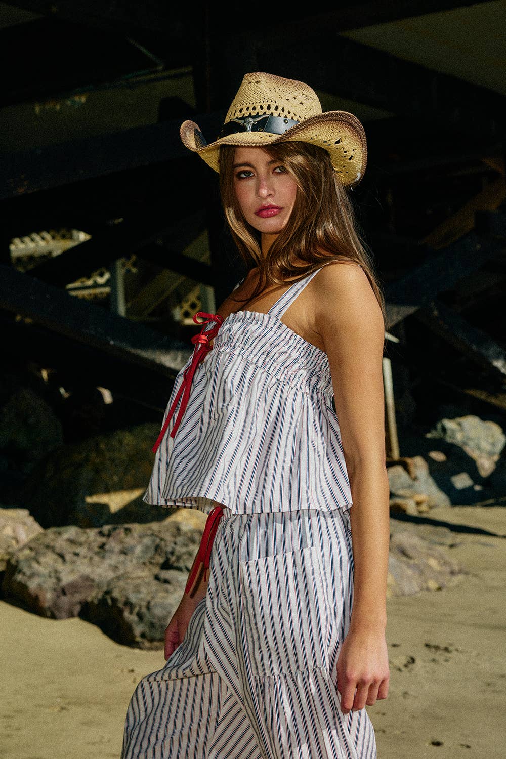 Self Tie Front Stripe Print Tank Top