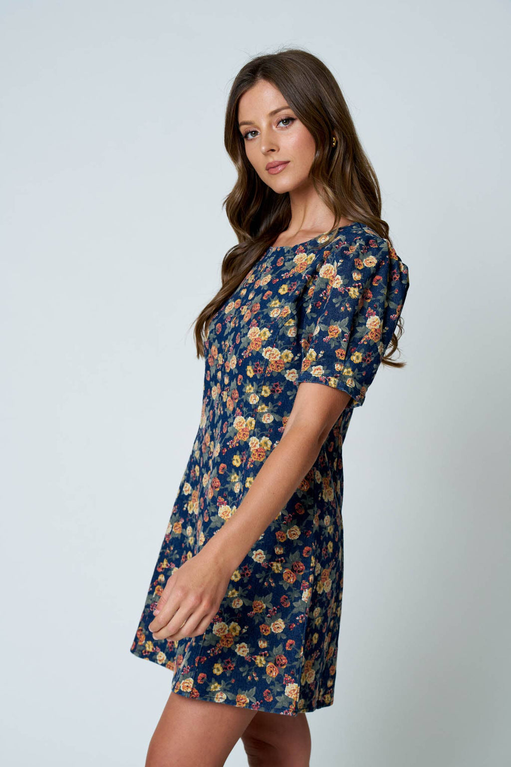 FLORAL PUFF SLEEVE DENIM MINI DRESS