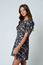 FLORAL PUFF SLEEVE DENIM MINI DRESS