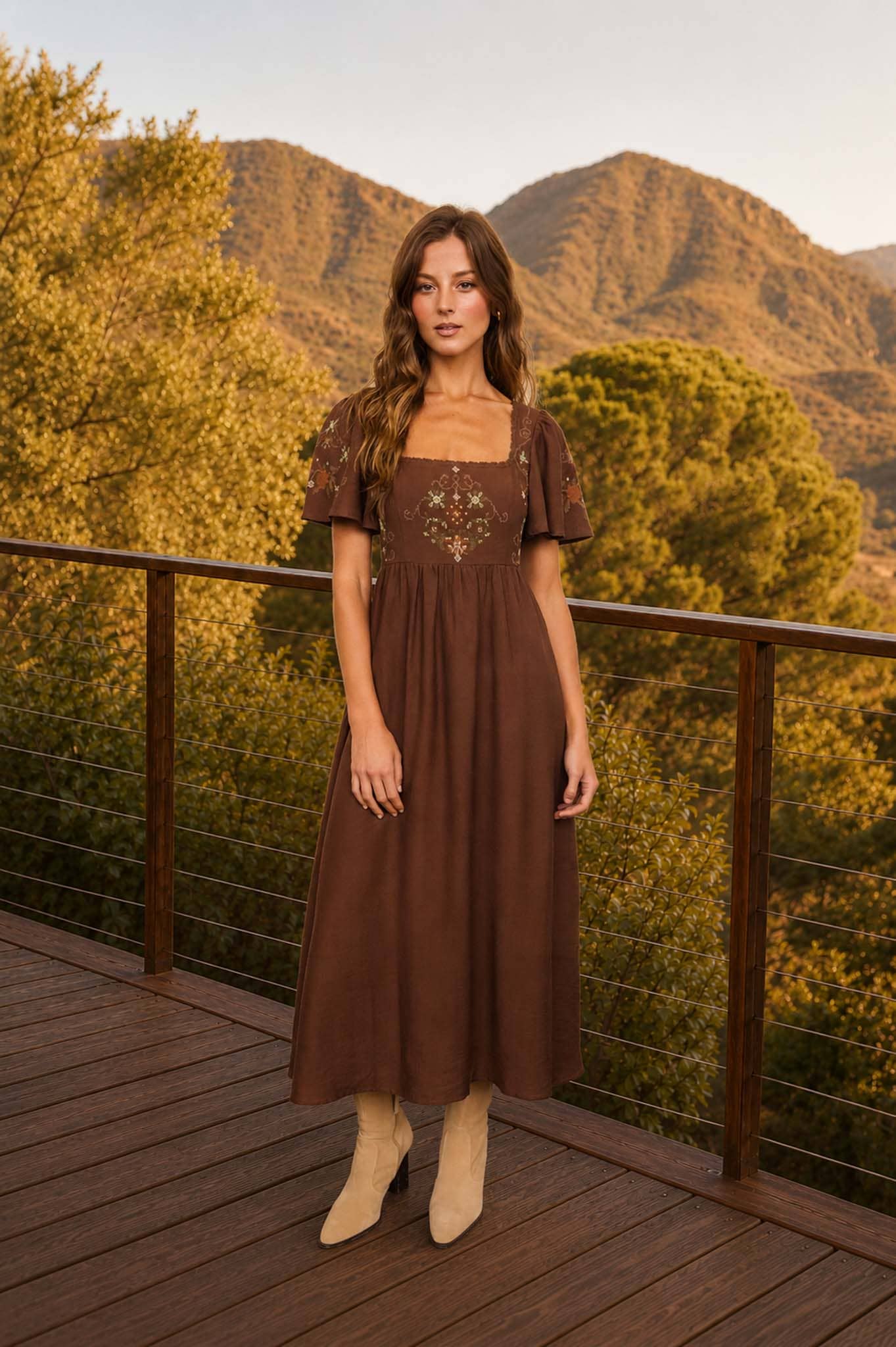 EMBROIDERY BELL SLV MIDI DRESS