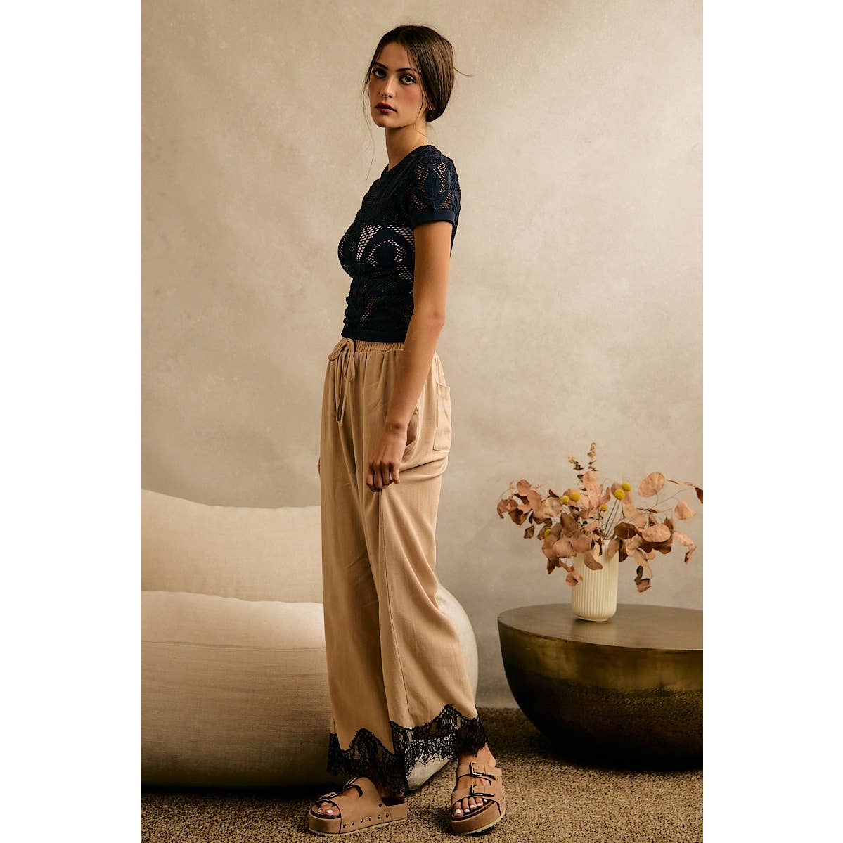 LINEN BLEND LACE TRIM PANTS