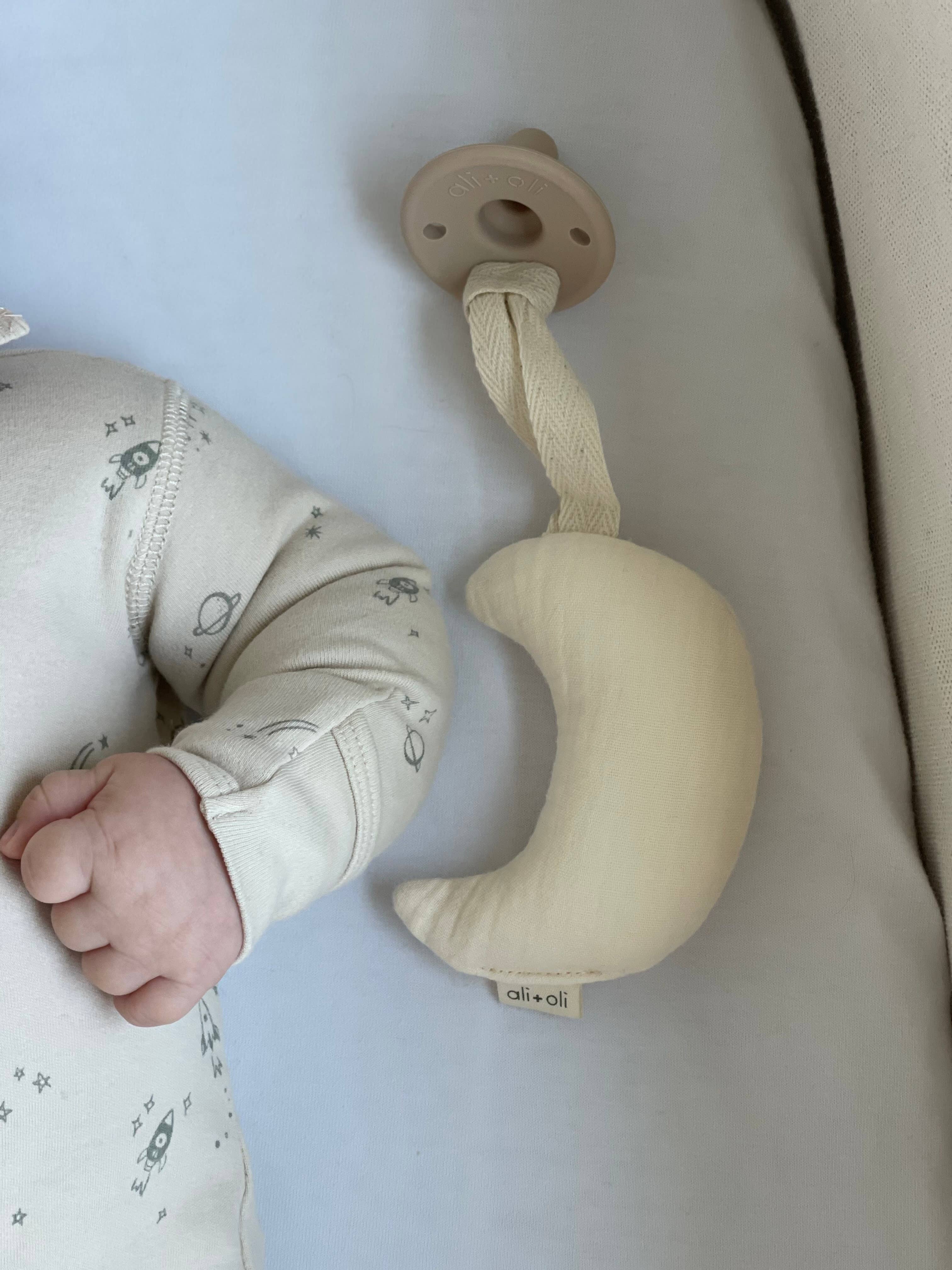 Moon Pacifier Holder Soft Cuddly Binky Toy (Muslin Ivory)