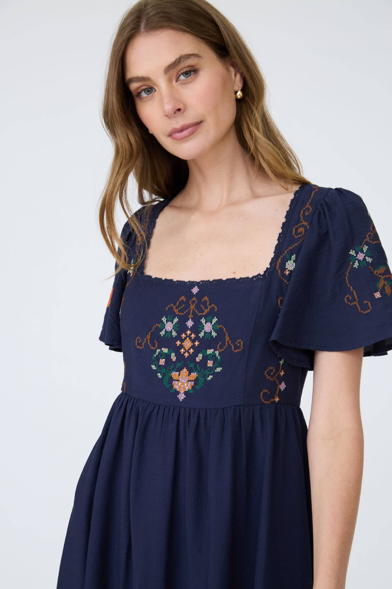 EMBROIDERY BELL SLV MIDI DRESS