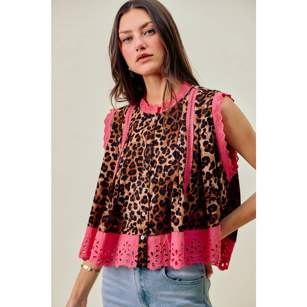 LEOPARD BTN UP PLEATED TOP