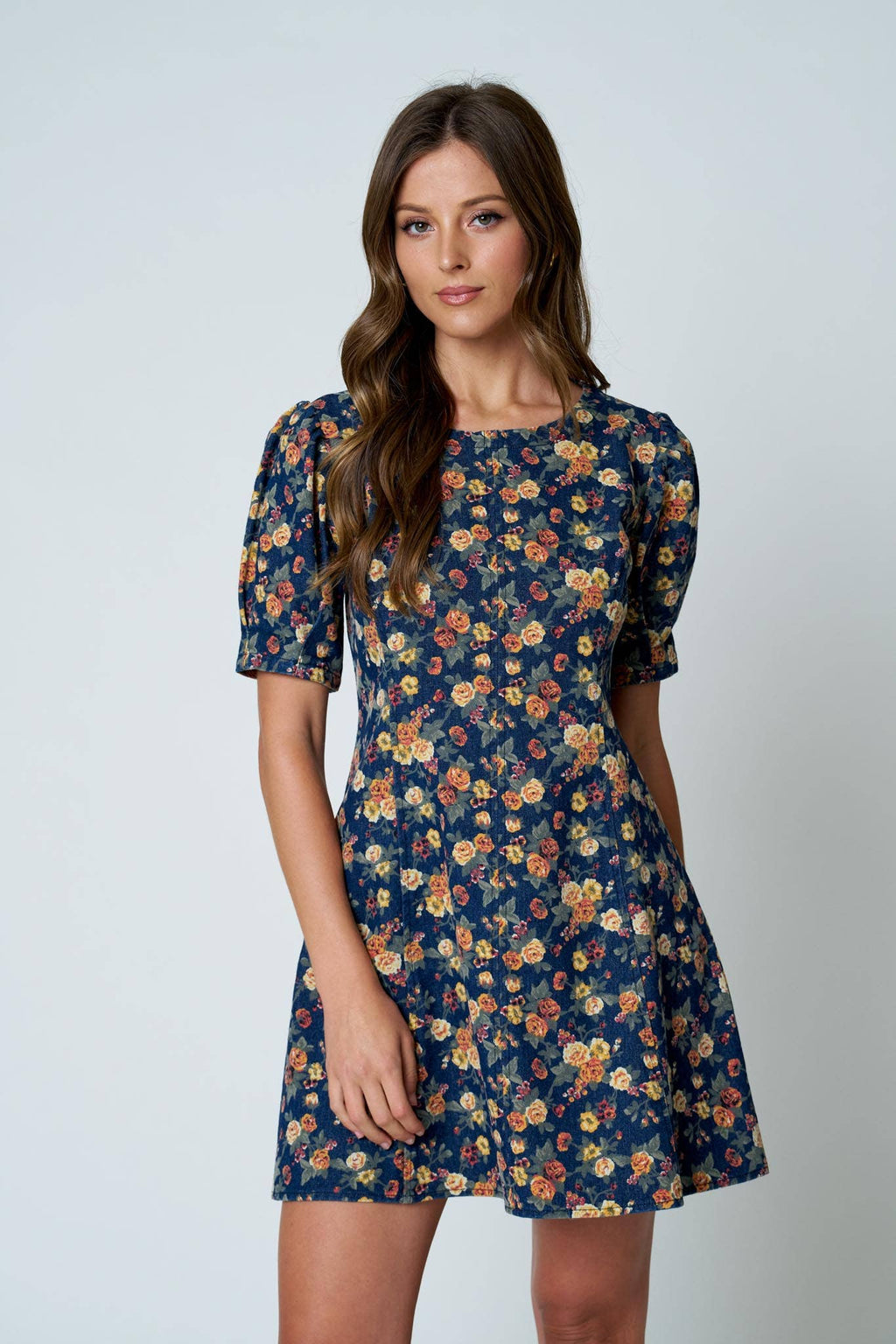 FLORAL PUFF SLEEVE DENIM MINI DRESS