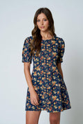 FLORAL PUFF SLEEVE DENIM MINI DRESS