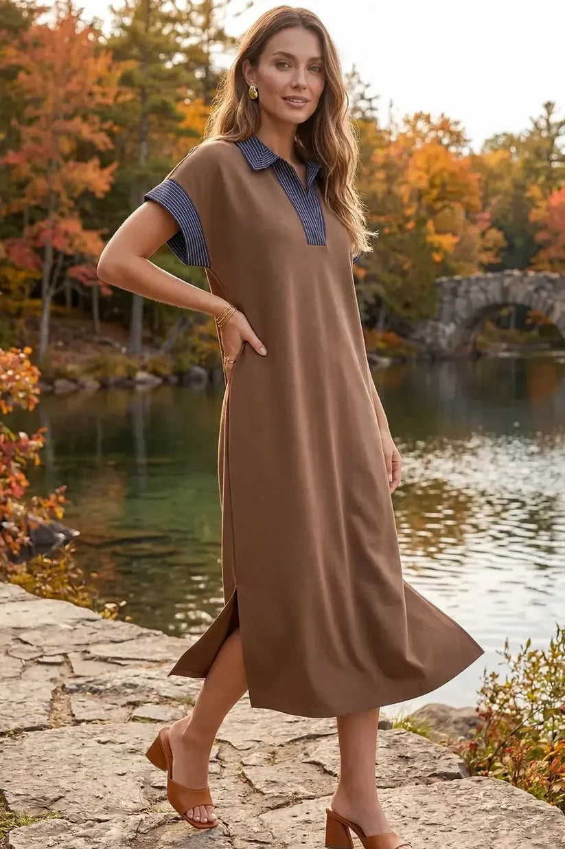 Brown Contrast Collar Dress