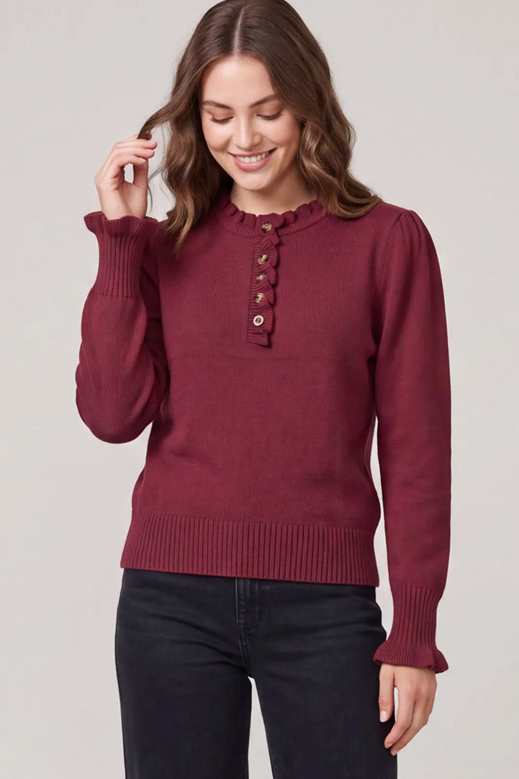 Wine Ruffle Neck Sweater