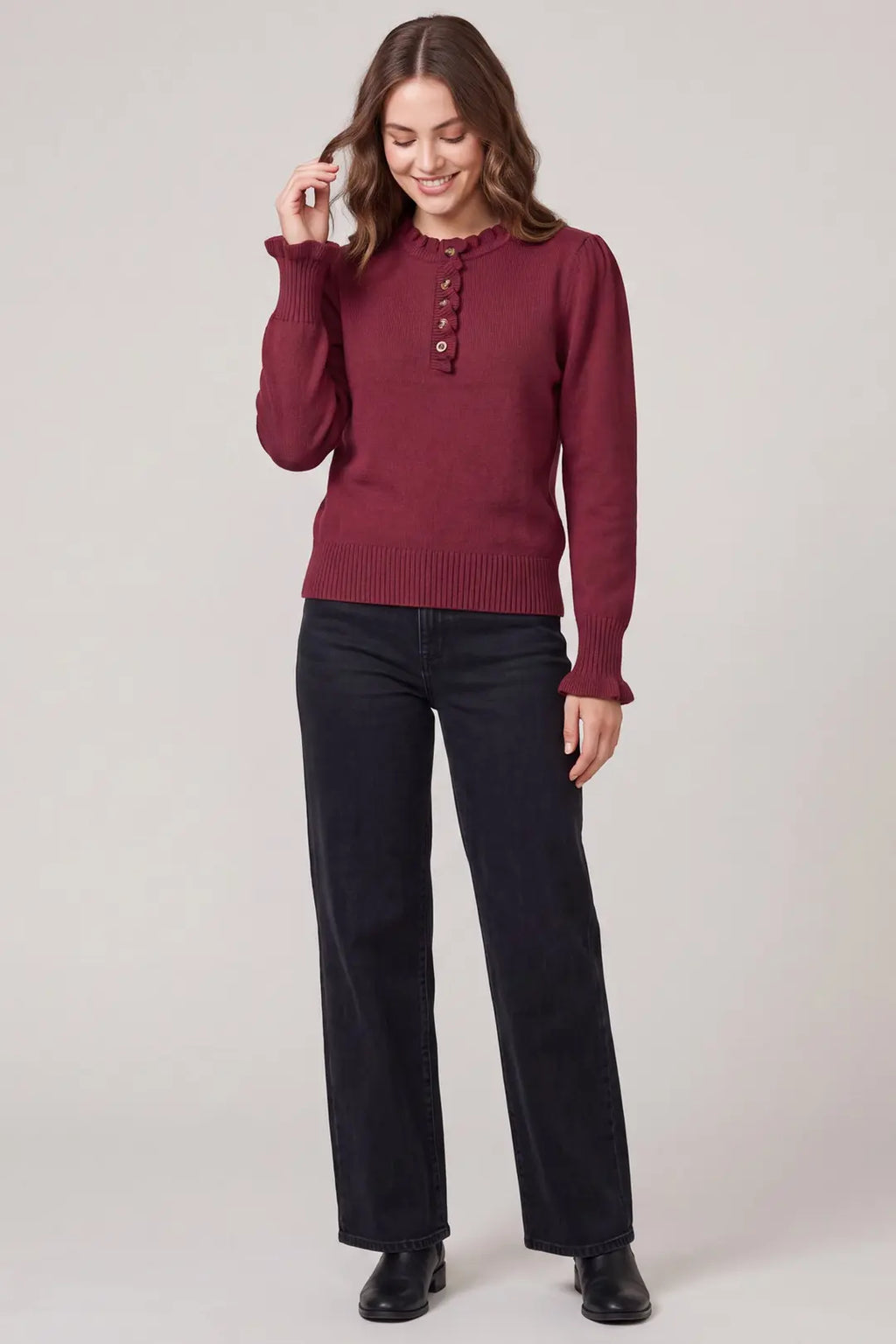 Wine Ruffle Neck Sweater