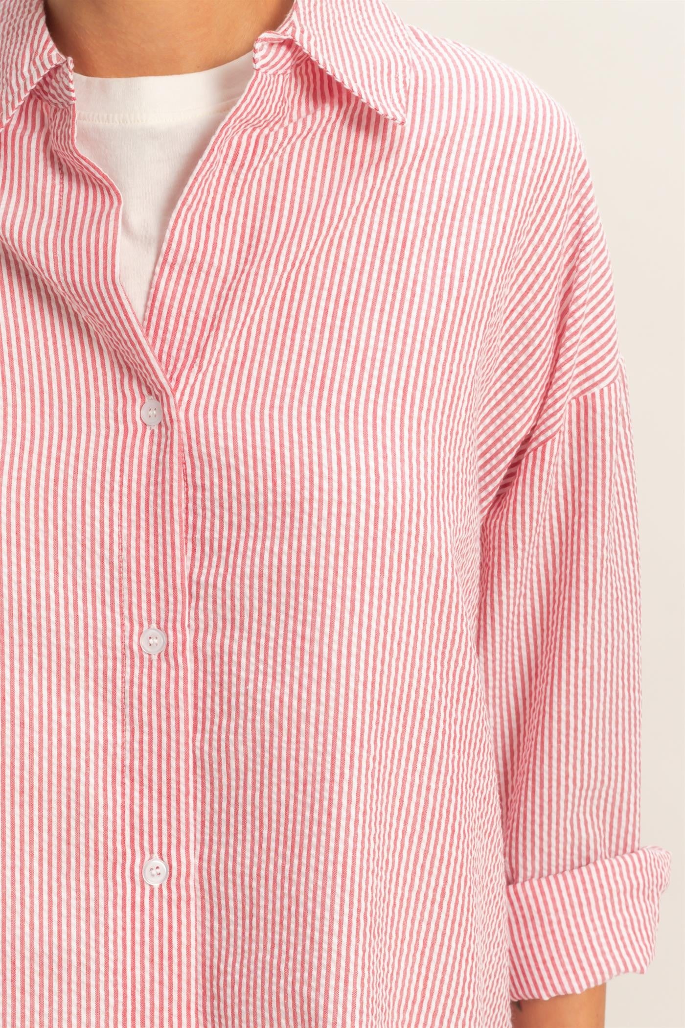 Striped Button-up Shirt-Red