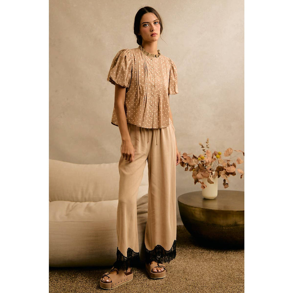 LINEN BLEND LACE TRIM PANTS