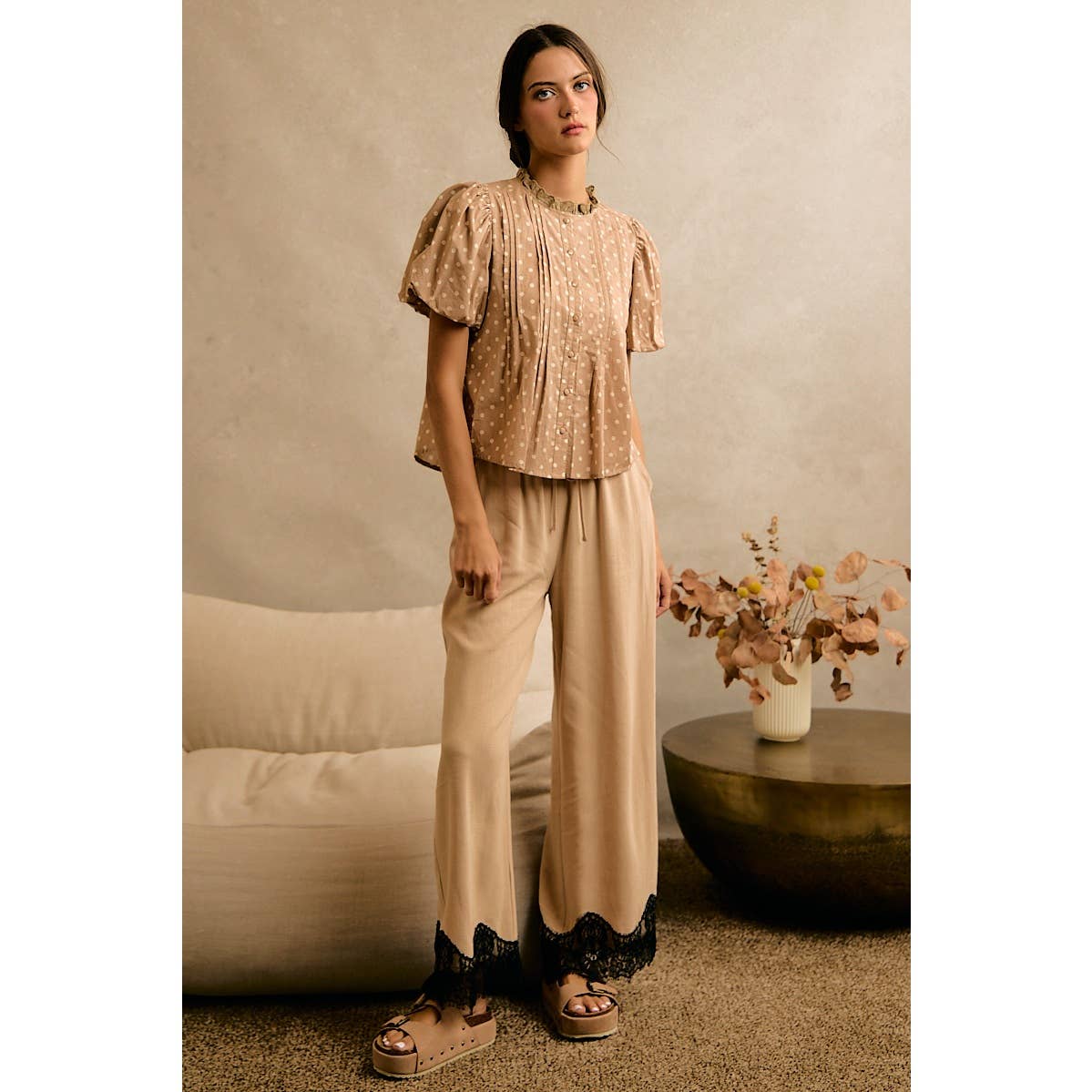 LINEN BLEND LACE TRIM PANTS