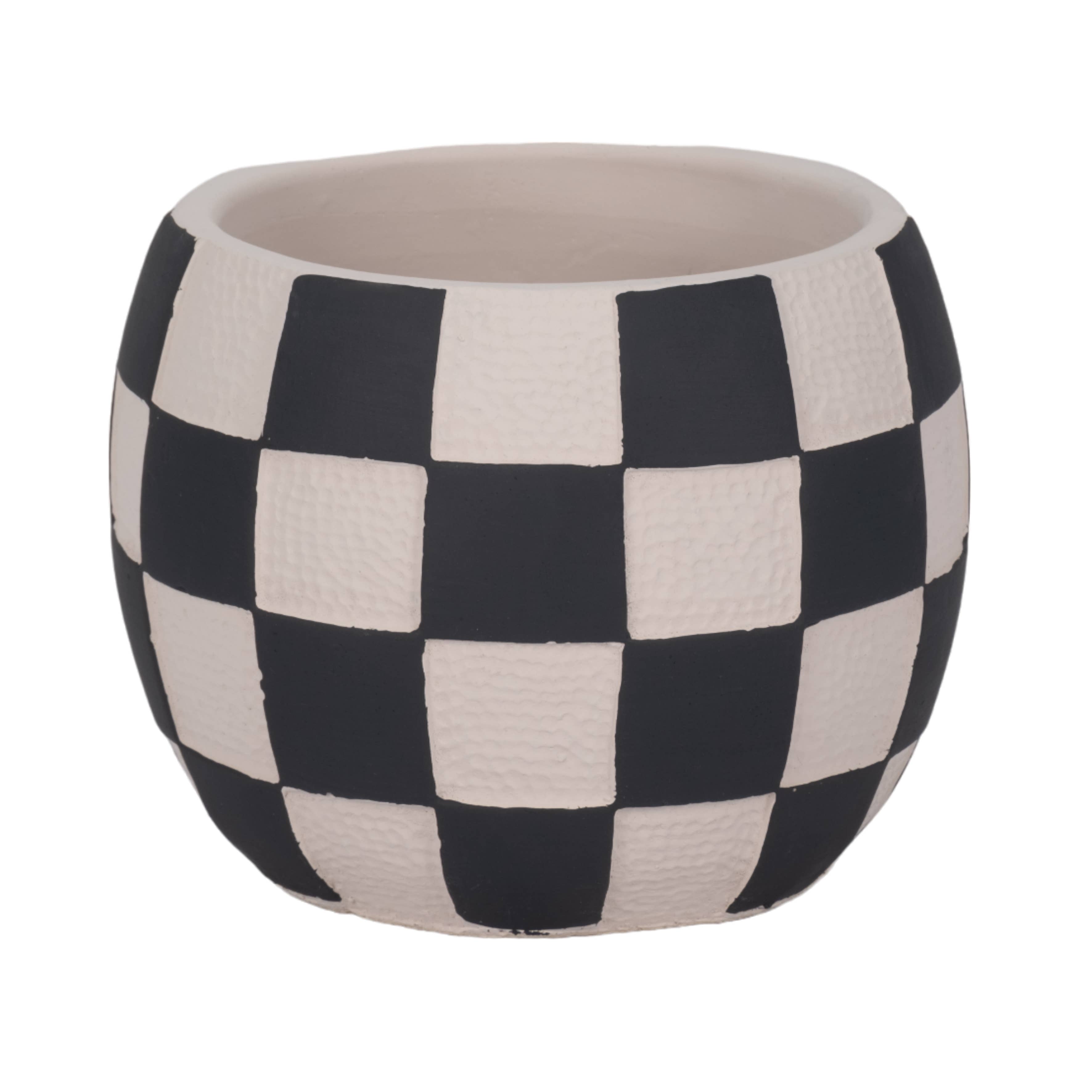 Planter - Black/White Pottery Checkerboard Rounded, 7 in.