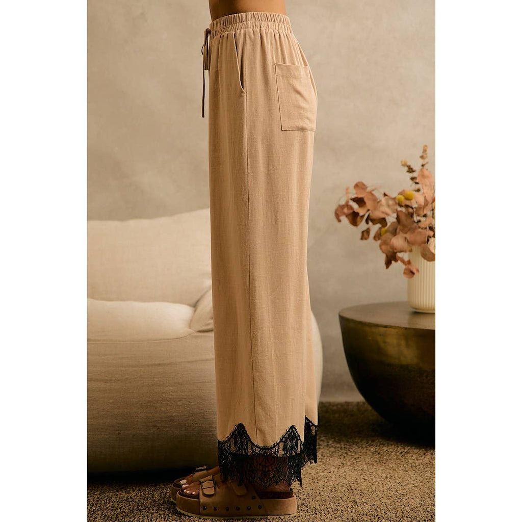 LINEN BLEND LACE TRIM PANTS