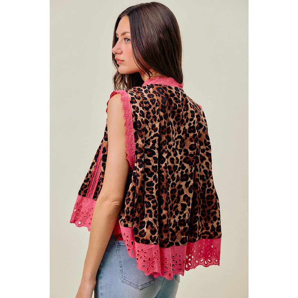 LEOPARD BTN UP PLEATED TOP