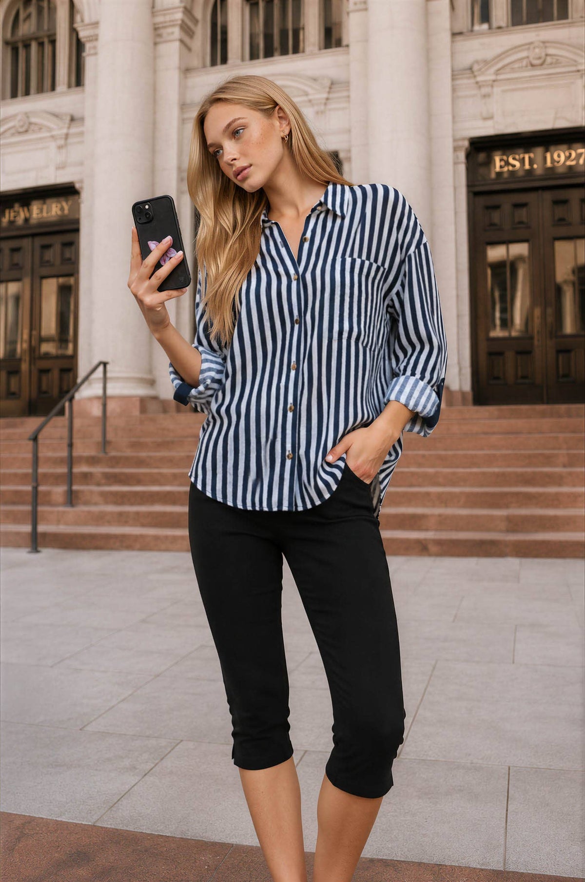STRIPED COLLARED BTN DWN