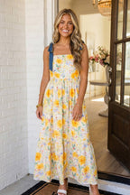 Floral Stitched Knot Denim Straps Maxi Dress