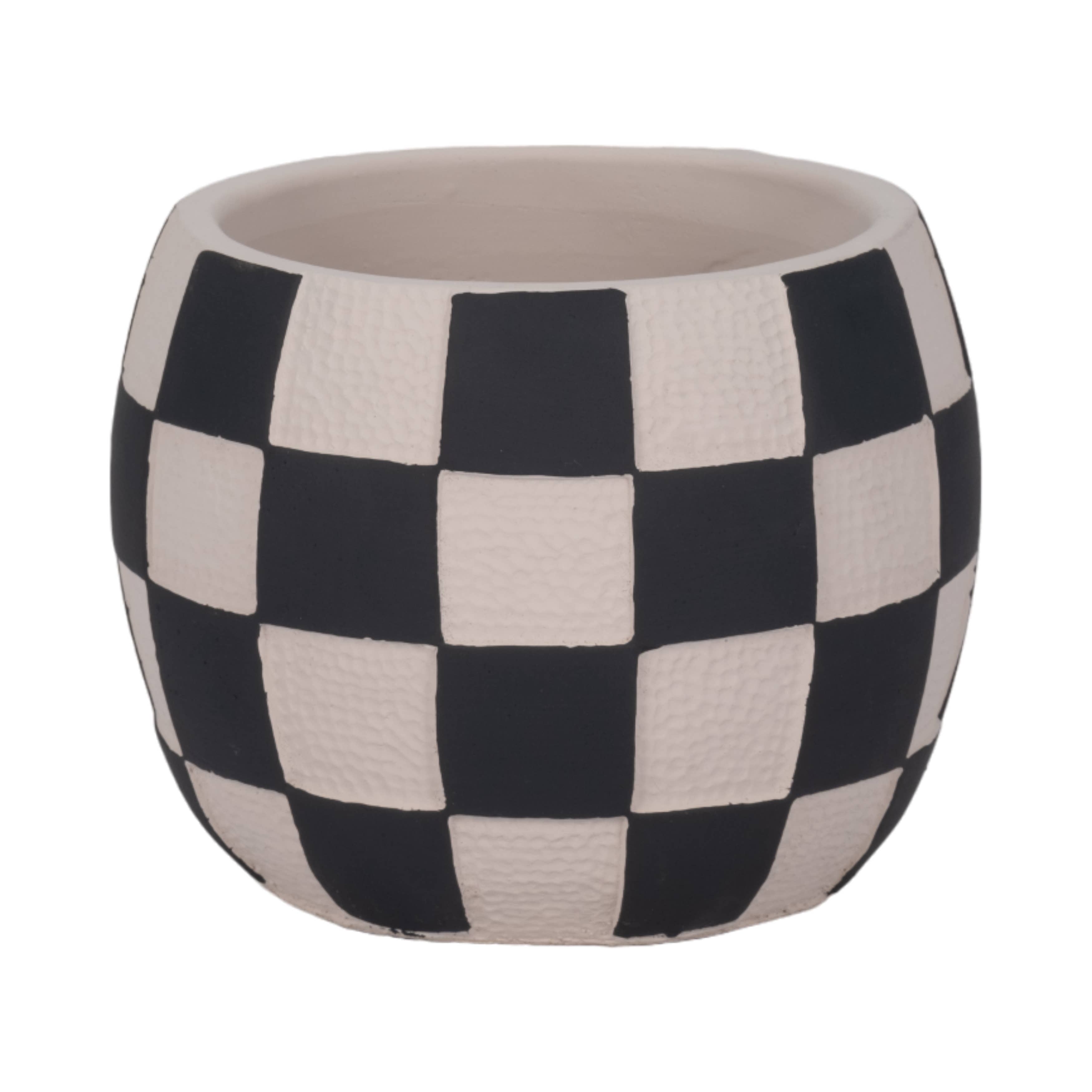 Planter - Black/White Pottery Checkerboard Rounded, 7 in.