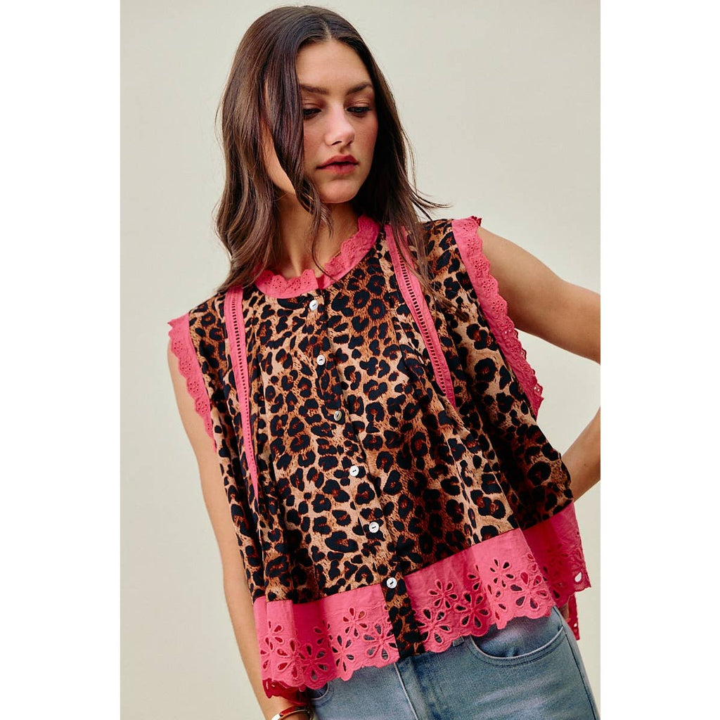 LEOPARD BTN UP PLEATED TOP
