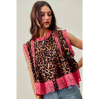 LEOPARD BTN UP PLEATED TOP