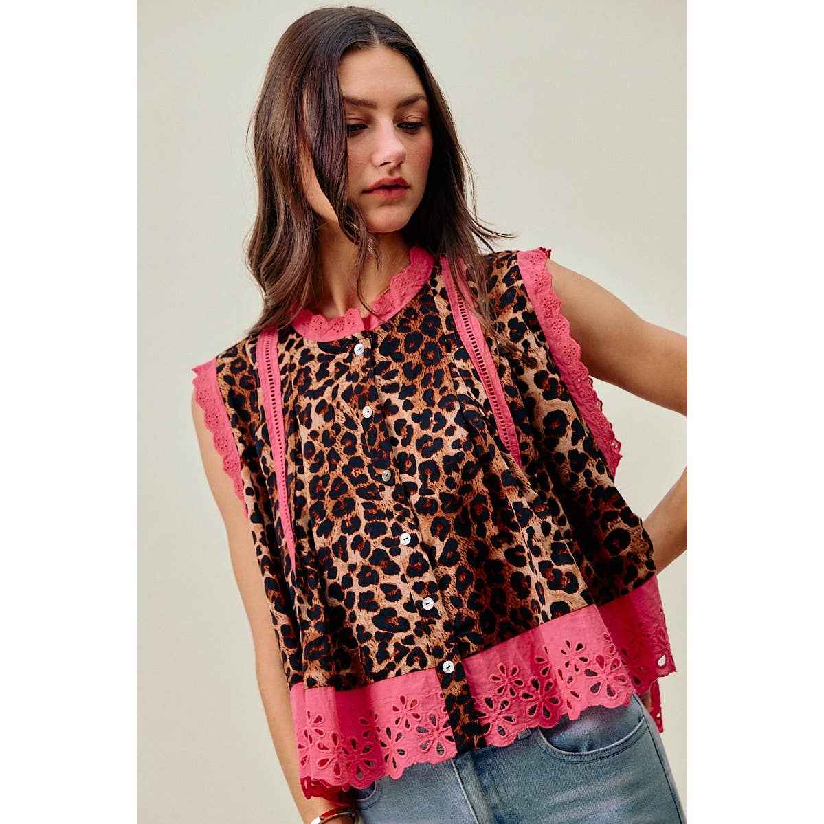 LEOPARD BTN UP PLEATED TOP