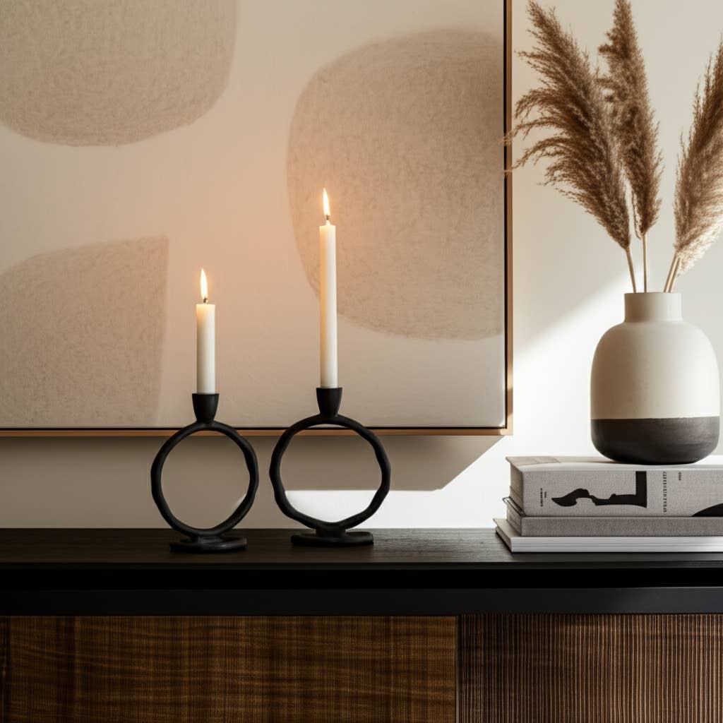 Metal Round Ring Taper Candle Holder - Black, 8 in.