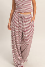 Striped Wide-leg Drawstring Pants Striped Wide-leg Drawstring Pants-Dark Red
