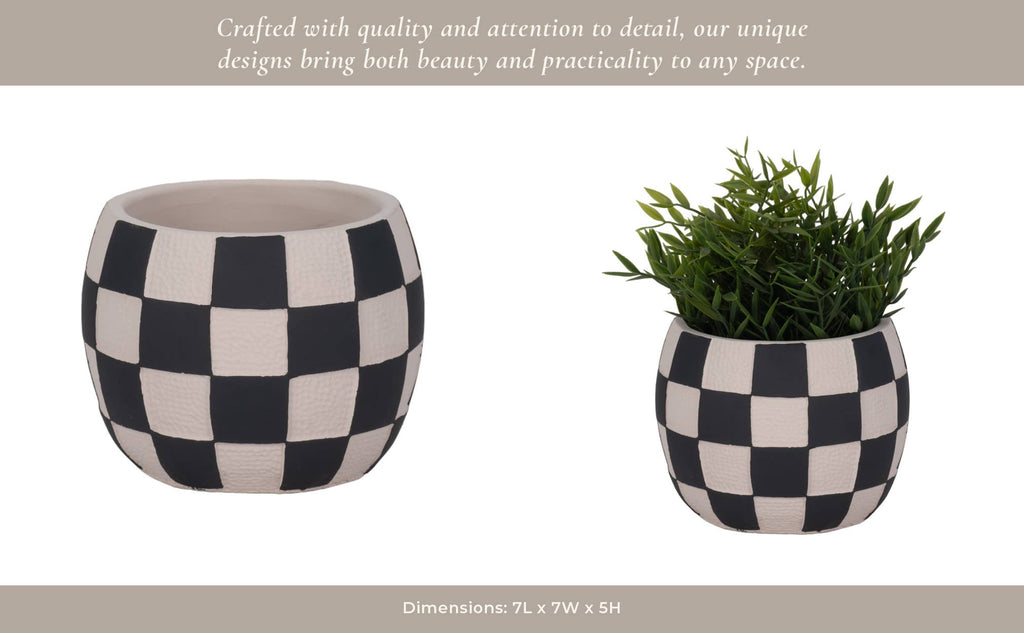 Planter - Black/White Pottery Checkerboard Rounded, 7 in.