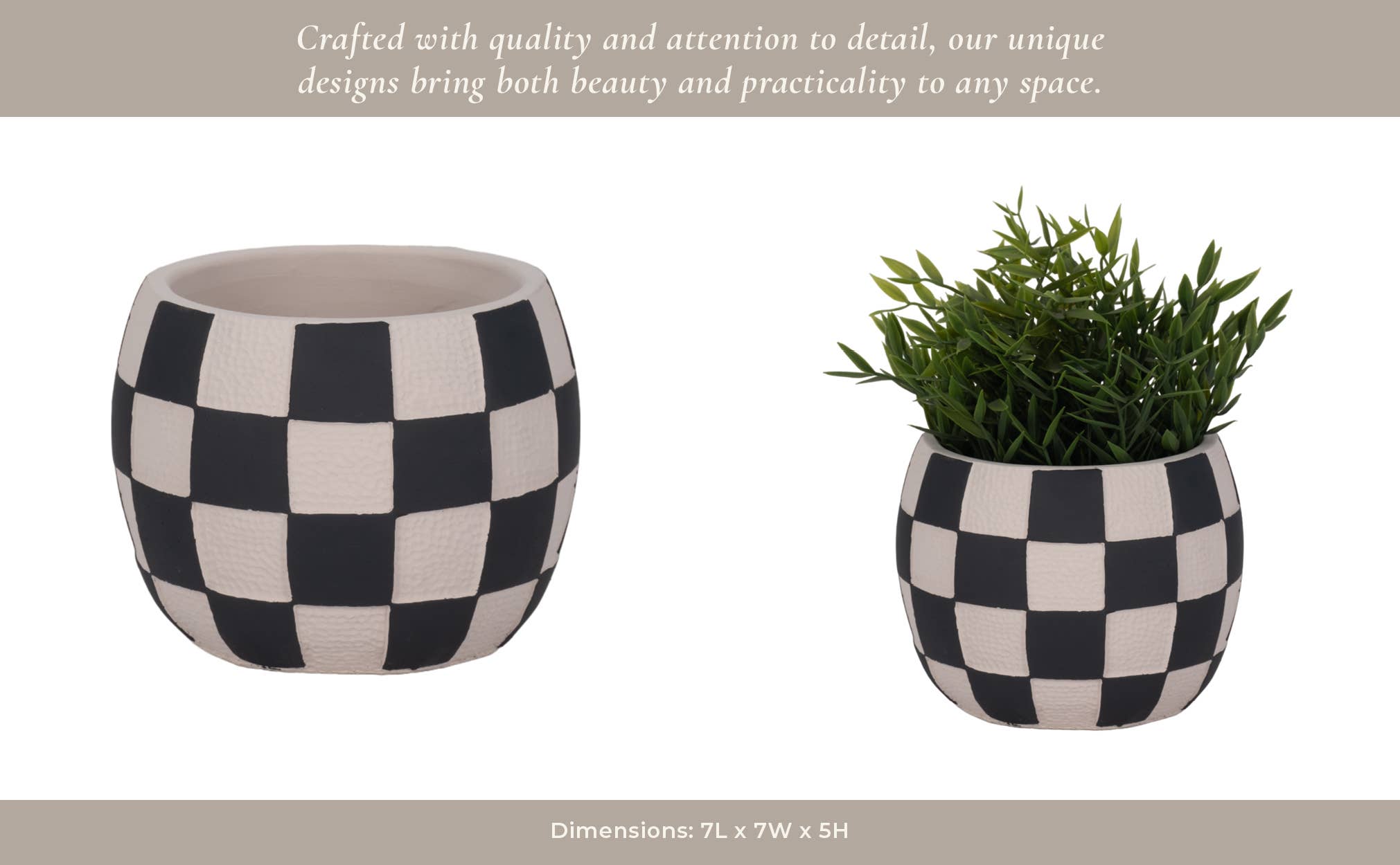 Planter - Black/White Pottery Checkerboard Rounded, 7 in.